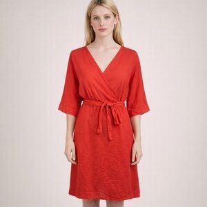 Saint James Wrap Dress Orange Linen Logo Lined S/S Beachy Preppy Size US 12 44F